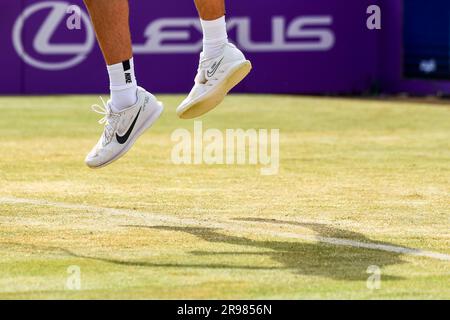 London, UK. 24th June, 2023. Spain's Carlos Alcaraz competes during the men's singles semifinal match against Sebastian Korda of the United States at the Queens Club tennis tournament in London, UK, June 24, 2023. Credit: Stephen Chung/Xinhua/Alamy Live News Stock Photo