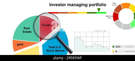 Expensive gold fountain pen pointing to moderate asset allocation pie chart on desk Stock Photo