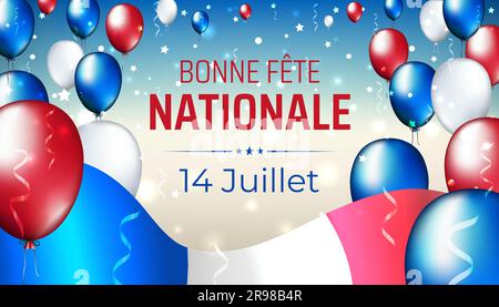 Banner 14 july bastille day in france. French national holiday. French waving flag, multicolor balloons. Background. Flying tricolor flag, confetti Stock Vector