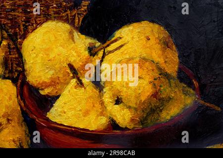 still life with pears in a clay plate on a black background, original painting oil on canvas Stock Photo