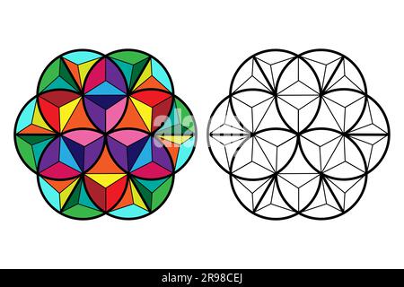 3D flower of life, sacred geometry. lotus flower. Colorful mandala ornament in polygonal wire frame. Coloring book or Coloring page for kids, isolated Stock Vector
