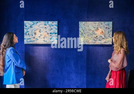 London, UK. 25th June, 2023. (L) Snow Cloud (R) Mackerel Sky, acrylic on Canvas. Bringing together Japanese philosophies and an art style linked to the country the world over, Ryoko Kaneta has found a distinctly unique way to bring to life the belief that God dwells in all beings. Until 8th July. Credit: Paul Quezada-Neiman/Ģ����ý Live News Stock Photo