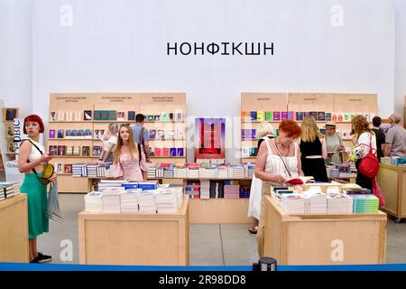 Non Exclusive: KYIV, URKAINE - JUNE 22, 2023 - Visitors get familiar with nonfiction books at the 11th International Book Arsenal Festival at the Myst Stock Photo