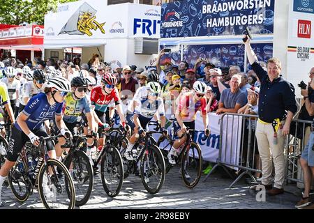 Izegem, Belgium. 25th June, 2023. Illustration picture shows the start of the women's elite race of the Belgian Championships cycling, 134, 2 km, in Izegem, on Sunday 25 June 2023. BELGA PHOTO TOM GOYVAERTS Credit: Belga News Agency/Alamy Live News Stock Photo