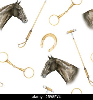 Seamless minimalistic pattern with watercolor illustrations of golden horseshoes and snaffles, horse polo sticks , horse portrairs, isolated. Print on Stock Photo