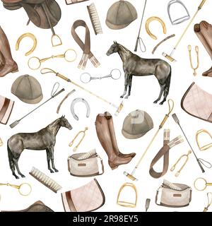 Seamless minimalistic pattern with watercolor illustrations of golden horseshoes and snaffles, saddle, boots, helmet, pad, horse polo sticks Stock Photo