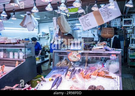 Fishmongers Japan, market seafood stall for fresh fish at Nishiki market in Kyoto,Japan,2023 Stock Photo