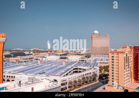 Dubai, UAE - February 24, 2012: View of the seven-star hotel Burj Al Arab from Al Barsha district of Dubai, United Arab Emirates Stock Photo