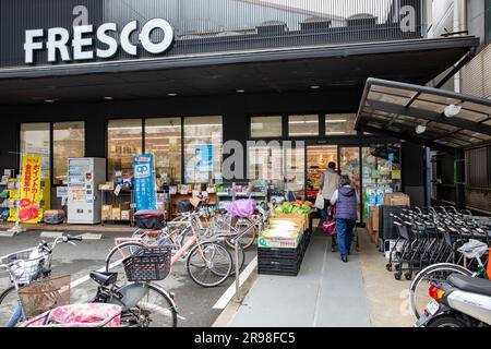 Fresco supermarket in Kyoto, Japan, exterior of grocery store with customers entering to shop,Asia,2023 Stock Photo