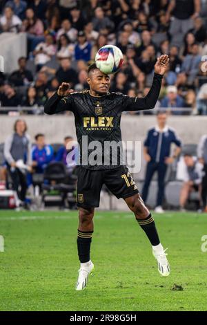 LAFC defender Diego Palacios (12) during a MLS match against the Vancouver Whitecaps, Saturday, June 24, 2023, at the BMO Stadium, in Los Angeles, CA. Stock Photo