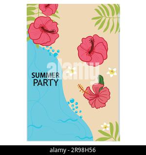 Summer Party hibiscus and tropical flowers greeting card with sea and tropical leaves background Stock Vector