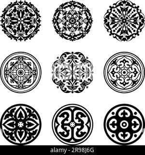 Floral Circular Ornaments. Vector silhouettes isolated on white. Stock Vector