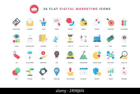 Digital marketing strategy vector trendy flat icons of business vision, internet network advertising with megaphone and viral video, blog analytics, security, and sales funnel. Stock Vector