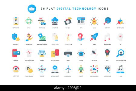Vector illustration set of trendy flat color icons digital technology, internet communication, machine development, learning, 3d model printing, apps for health control recognition and diagnostics. Stock Vector