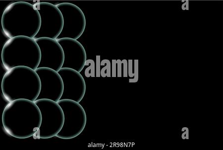 Blue transparent abstract shiny beautiful and convex volumetric simple balls, bubbles, egg circles with glare of light located on the side on a black Stock Vector