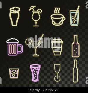 A large neon set of bright alcoholic abstract drinks, cocktails, beer, vodka, wine, whiskey, coffee and tea. Vector illustration. Stock Vector