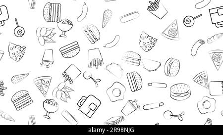 Black and white endless seamless pattern of food and snack items icons set for restaurant bar cafe: burger, nuts, egg, sausage, ice cream, pizza, burr Stock Vector