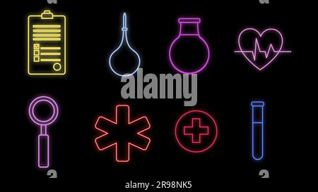 Set of bright luminous multi-colored medical neon signs for a pharmacy store or hospital scientific laboratory beautiful shiny with medicine icons obj Stock Vector