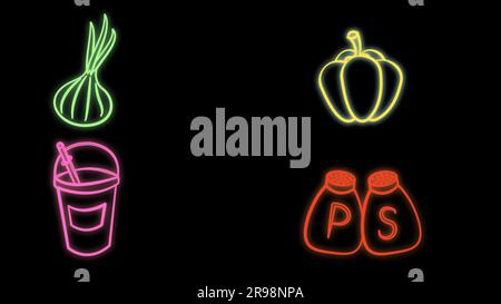 Set line Paper package for milk , Bottle of olive oil , Citrus fruit juicer and Salt and pepper . Glowing neon icon on brick wall. Vector. Stock Vector