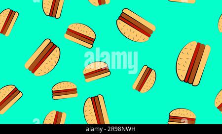 pattern of burgers on a blue background, vector illustration. delicious fast food. wallpaper for cafe, home decor design. bright, juicy, colored burge Stock Vector