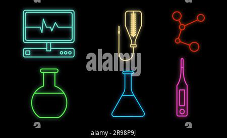 Set of bright luminous multi-colored medical neon signs for a pharmacy store or hospital scientific laboratory beautiful shiny with medicine icons obj Stock Vector