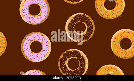 Seamless pattern, texture from different round sweet flour tasty fresh hot donuts, pastries, sugar-coated cookies in chocolate candy caramel confectio Stock Vector