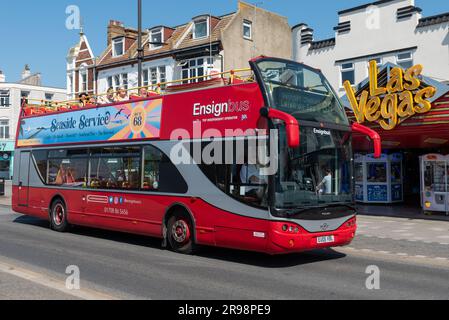 Southend on Sea, Essex, UK. 25th Jun, 2023. People are out enjoying the warm sunny morning in the seaside city. Seaside Service open top bus running along the seafront Stock Photo