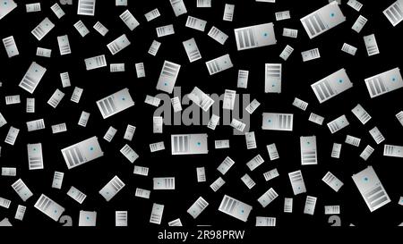 Endless seamless pattern of beautiful digital virtual virtual modern new IT system units of computers on a black background. Vector illustration. Stock Vector