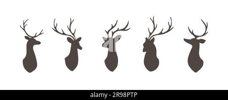 Set of deer heads. Black silhouettes wild animals with antlers on white background. Vector flat illustration Stock Vector