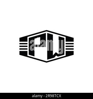 PW Letter Logo monogram hexagon emblem shape with stripes outline style design template Stock Photo