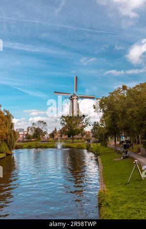 Leiden, Netherlands - October 7, 2021: Molen De Valk or De Valk Molenmuseum is a tower mill and museum in Leiden, Netherlands. Stock Photo