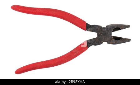 Old pliers with rubber grips in red on a white background. Top view. Repair or building concept. File contains clipping path. Stock Photo