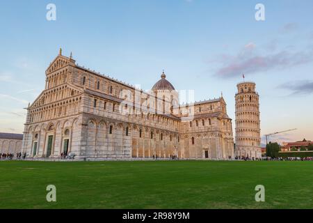 Pisa, Italy - October 25, 2018: Pisa Cathedral and the Leaning Tower on Square of Miracles blue sunset view Stock Photo
