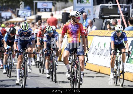 Izegem, Belgium. 25th June, 2023. Belgian Lotte Kopecky of SD Worx wins the women's elite race of the Belgian Championships cycling, 134, 2 km, in Izegem, on Sunday 25 June 2023. BELGA PHOTO GOYVAERTS Credit: Belga News Agency/Alamy Live News Stock Photo