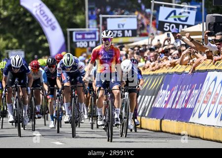 Izegem, Belgium. 25th June, 2023. Belgian Lotte Kopecky of SD Worx wins the women's elite race of the Belgian Championships cycling, 134, 2 km, in Izegem, on Sunday 25 June 2023. BELGA PHOTO TOM GOYVAERTS Credit: Belga News Agency/Alamy Live News Stock Photo