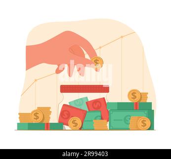 Human Hand Holding Coin for Saving Money with Savings Jar Concept Illustration Stock Vector
