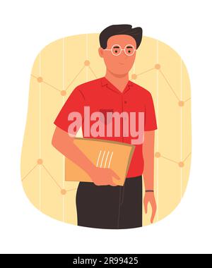 Young Businessman Holding Document Folder with Graph Chart Background Concept Illustration Stock Vector