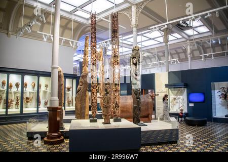 the  Carved ceremonial poles in Pacific Spirit exhibition in Australian musuem.  This gallery celebrates and showcases these vibrant Pacific cultures Stock Photo