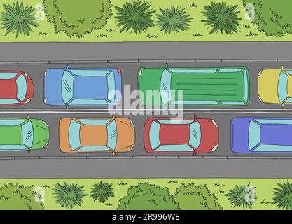 Traffic jam street road graphic color sketch aerial view landscape illustration vector Stock Vector