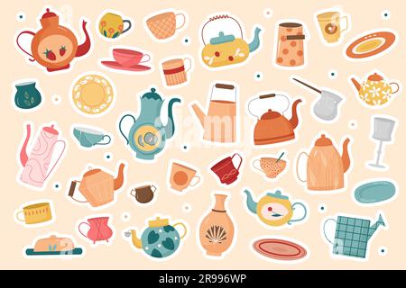 Cartoon cute colored glass and ceramic crockery with different pattern, tableware for tea ceremony and breakfast sticker. Kitchen utensils for tea party stickers set vector illustration Stock Vector