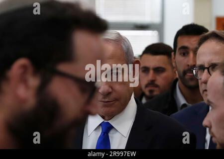 Israeli PM Benjamin Netanyahu attending Arnon Milchan testimony in visual from London in Netanyahu's ongoing trial at the District Court in Jerusalem on June 25, 2023. Photo by Atef Safadi/UPI Credit: UPI/Alamy Live News Stock Photo