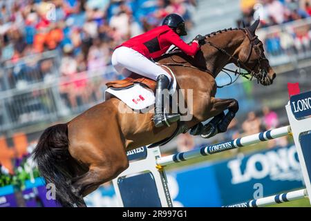 Amy Millar of Canada competes during the FEI Nations Cup in Langley, B.C., on June, 4, 2023. Stock Photo