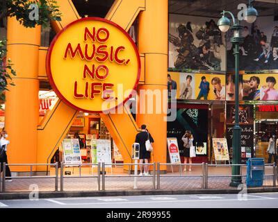 View of the 'No Music No Life' sign on the large Shibuya branch of