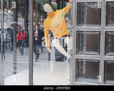TOKYO, JAPAN - June 7, 2023: Detail of a window display of Maison Hermes Ginza in Tokyo. Stock Photo