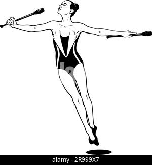 Rhythmic Gymnastics. Girl with clubs. Vector Ink Style Outline Drawing. Stock Vector