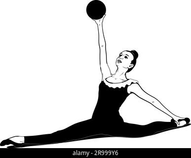Rhythmic Gymnastics. Girl with ball. Vector Ink Style Outline Drawing. Shadow and ball are separate objects. Stock Vector