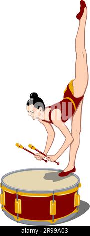 Gymnast with clubs standing on drum. Rhythmic Gymnastics, Circus. Pop Art style. Vector drawing. Drum is the separate object. Stock Vector