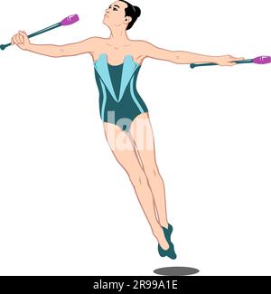 Gymnast with clubs. Rhythmic Gymnastics. Pop Art style. Vector drawing. Clubs are separate objects. Stock Vector