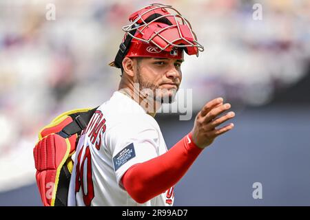 Willson Contreras #40 of the St. Louis Cardinals speaks to Adam Wainwright  #50 of the St. Louis Cardinals during the 2023 MLB London Series match St.  Louis Cardinals vs Chicago Cubs at