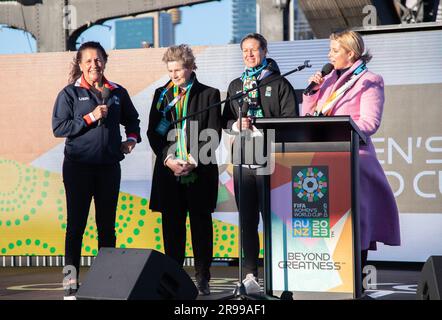 Sydney, Australia. 25th June, 2023. FIFA Legend and former football player of the United States Joy Fawcett(1st L), Australia's inaugural captain Julie Dolan (2nd L) and former New Zealand's football player Maia Jackman (2nd R) attend the event celebrating the 25-day countdown until the 2023 FIFA Women's World Cup on Sydney Harbor Bridge in Sydney, Australia, June 25, 2023. Credit: Hu Jingchen/Xinhua/Alamy Live News Stock Photo